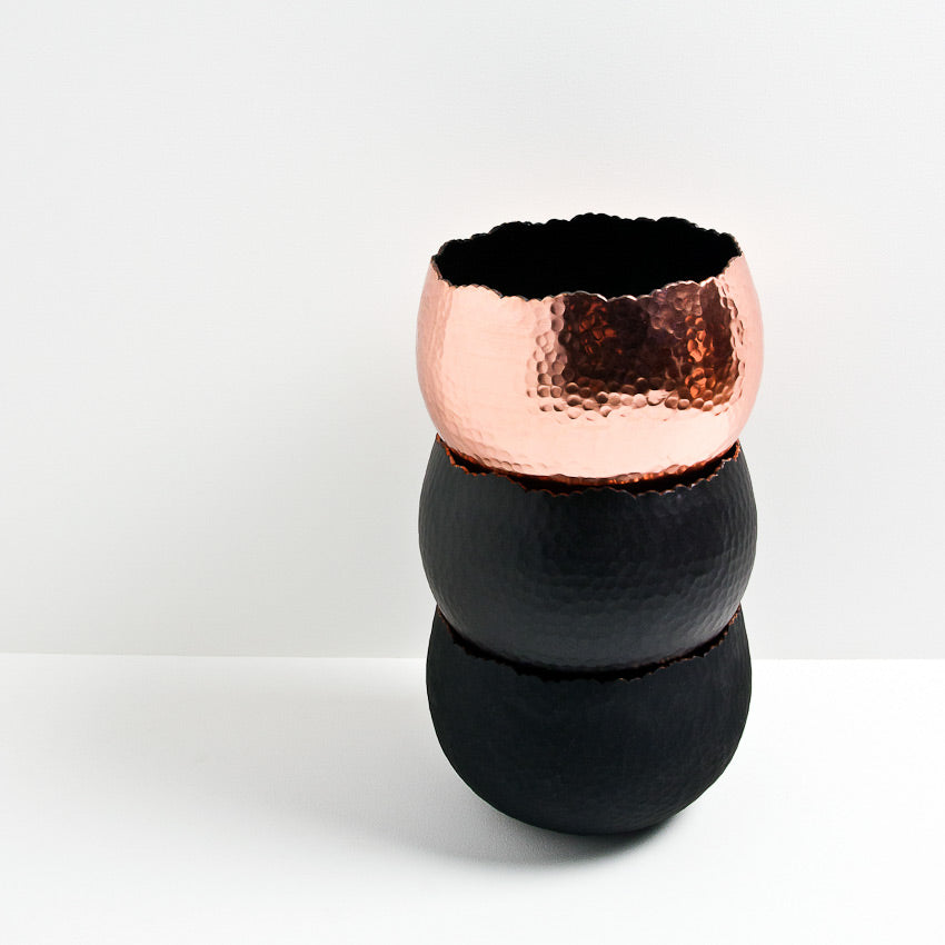 Hammered Houseplant Bowls - Copper with Black